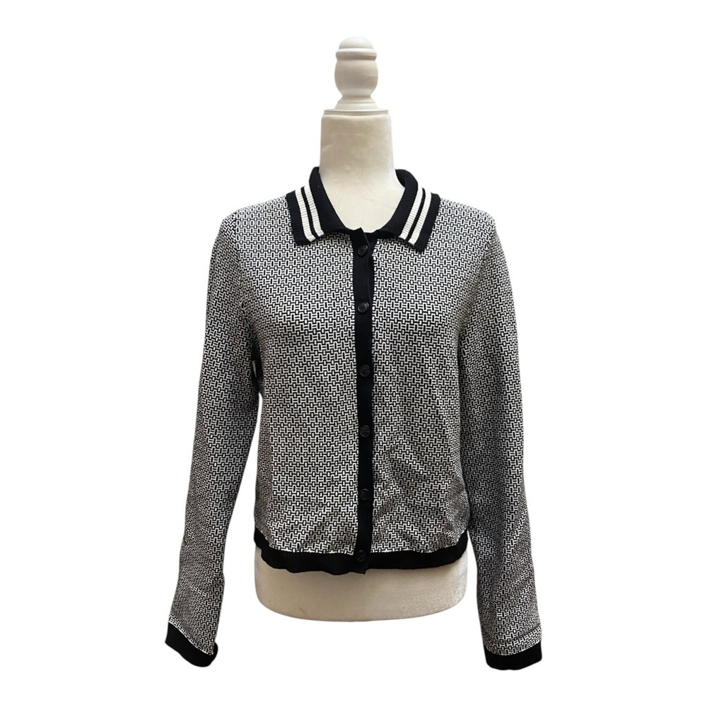 Anthropologie Maeve V-Neck Polo Cardigan Sweater Size Medium Black White Collar